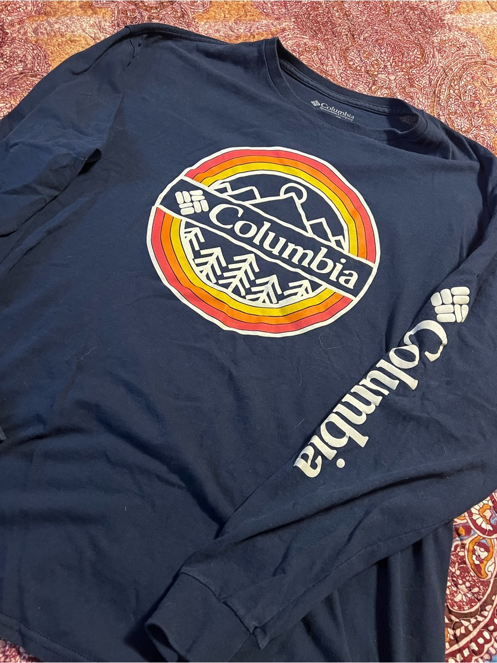 Columbia Navy Long-Sleeve Logo Tee with Sunset Stripe Graphic